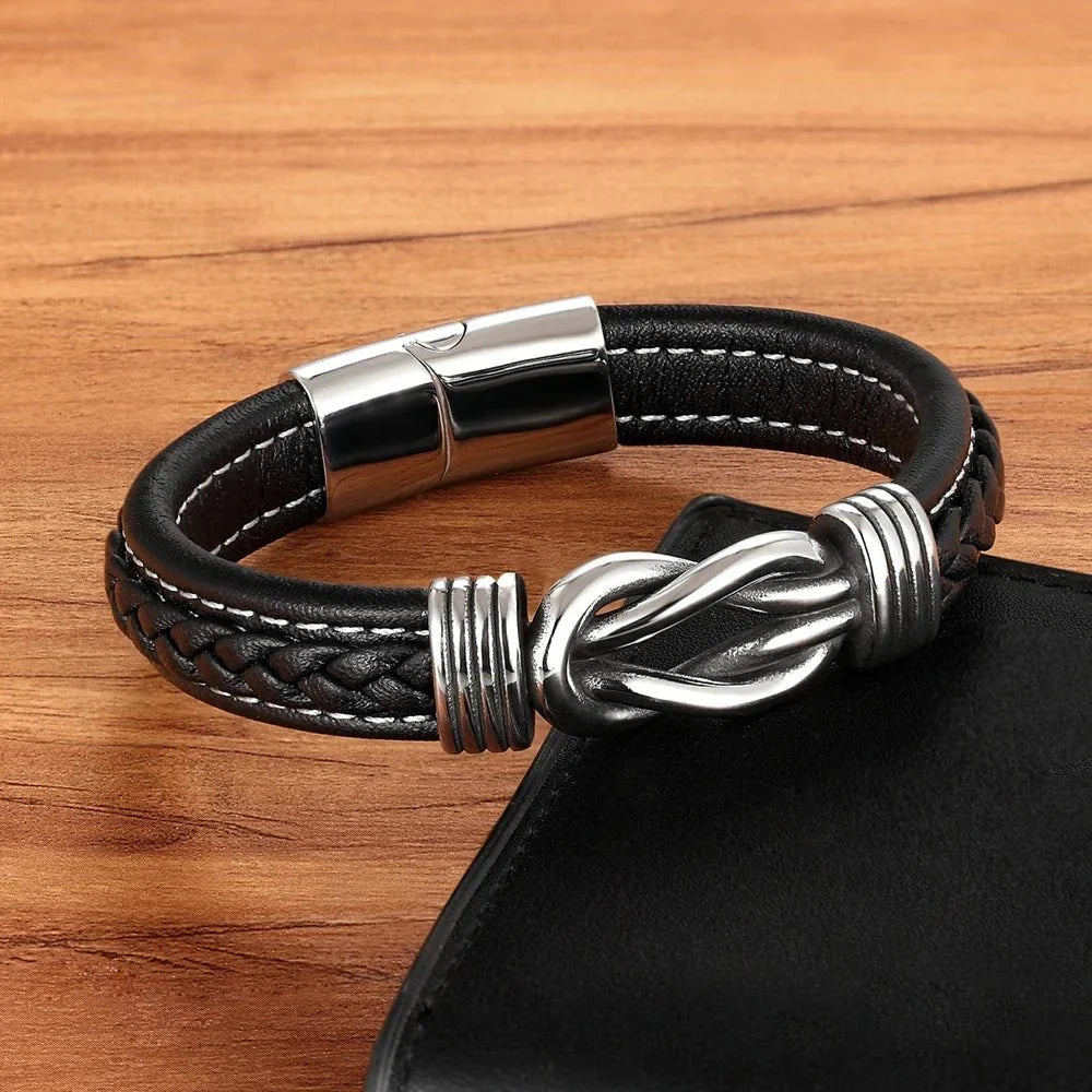 Unisex Eternal Love Knot Leather Bracelet - Adjustable, Black, view 6