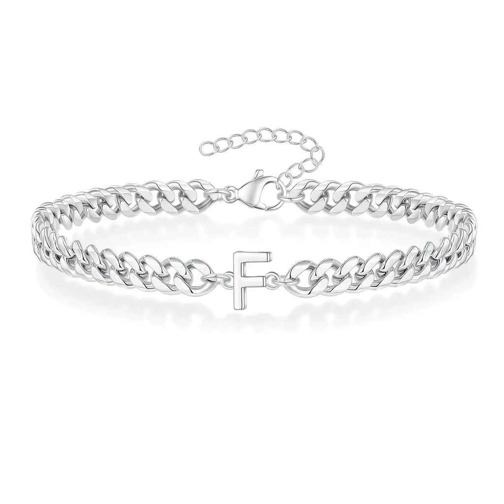 Unisex Stainless Steel Cuban Link Bracelet with Letter Initial, Adjustable 20–25cm