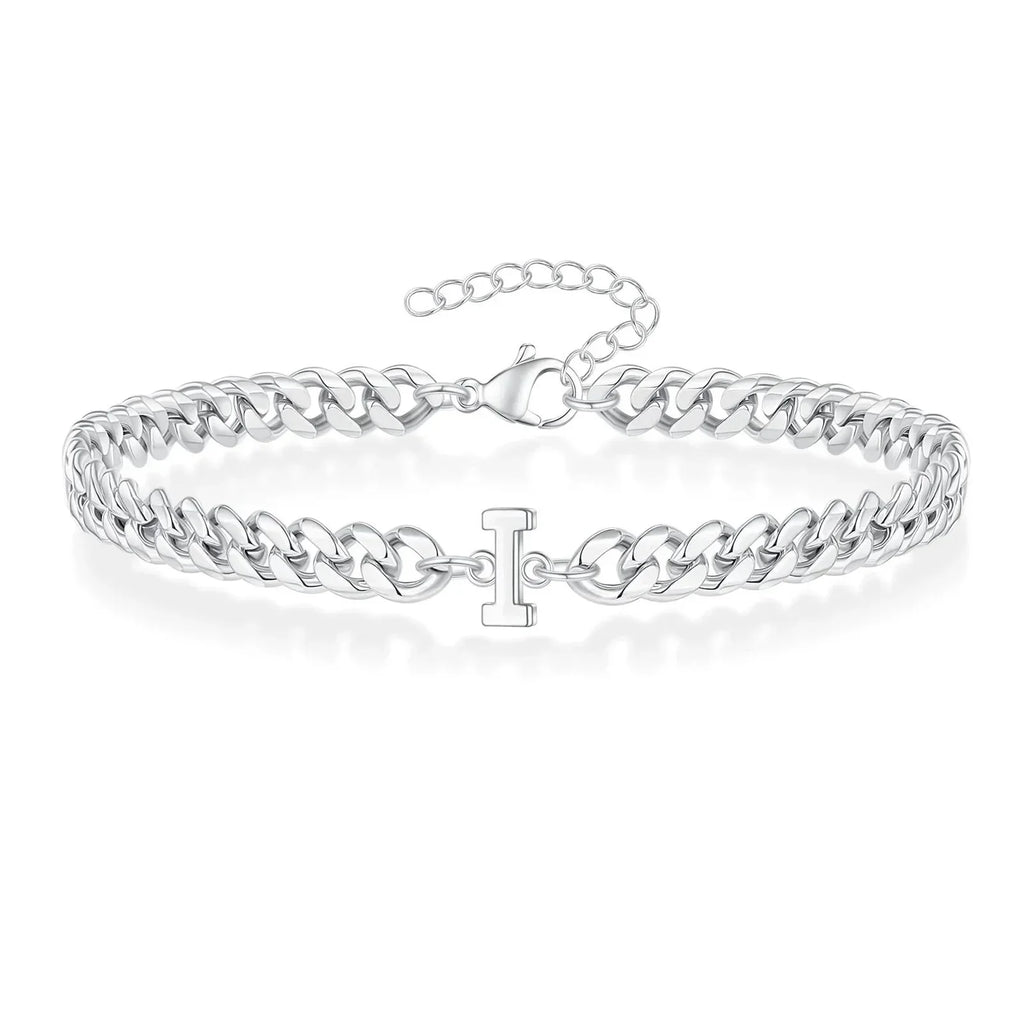 Unisex Stainless Steel Cuban Link Bracelet with Letter Initial, Adjustable 20–25cm