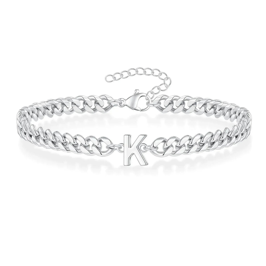 Unisex Stainless Steel Cuban Link Bracelet with Letter Initial, Adjustable 20–25cm