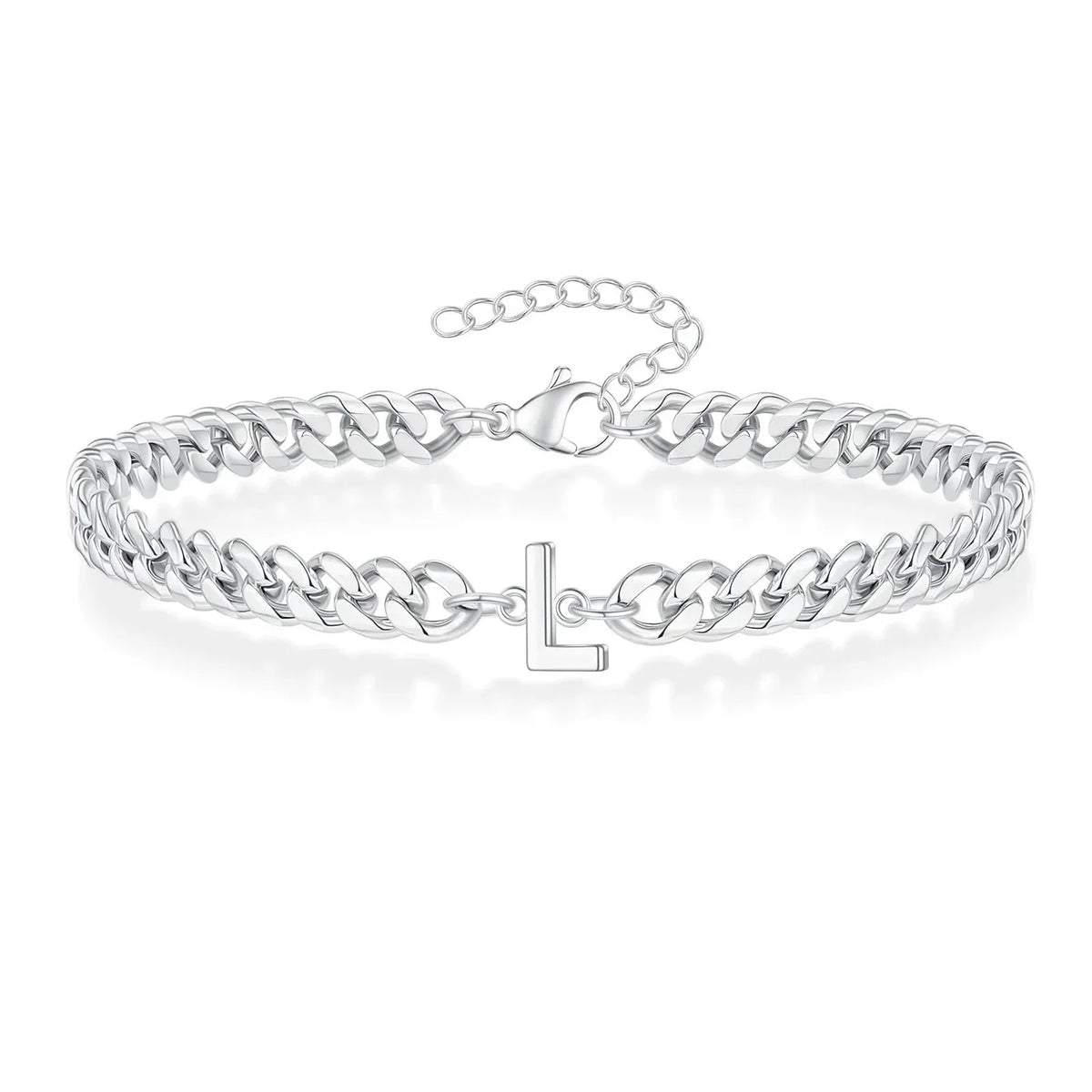 Unisex Stainless Steel Cuban Link Bracelet with Letter Initial, Adjustable 20–25cm
