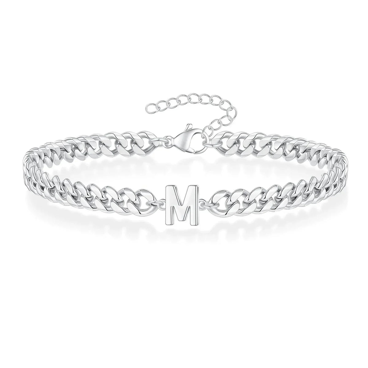 Unisex Stainless Steel Cuban Link Bracelet with Letter Initial, Adjustable 20–25cm