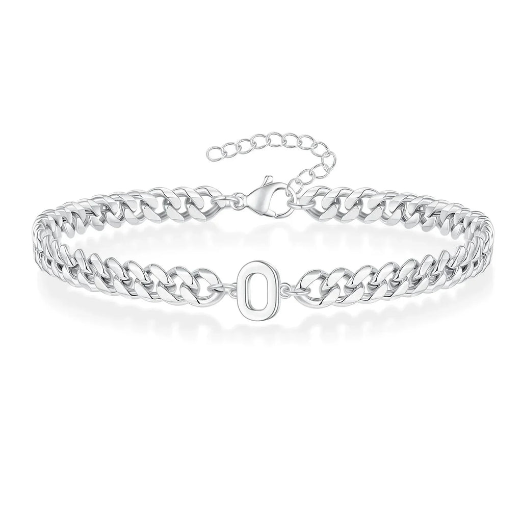 Unisex Stainless Steel Cuban Link Bracelet with Letter Initial, Adjustable 20–25cm