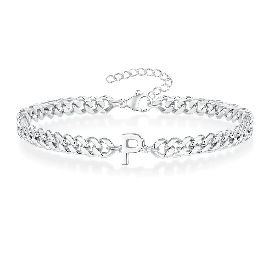 Unisex Stainless Steel Cuban Link Bracelet with Letter Initial, Adjustable 20–25cm