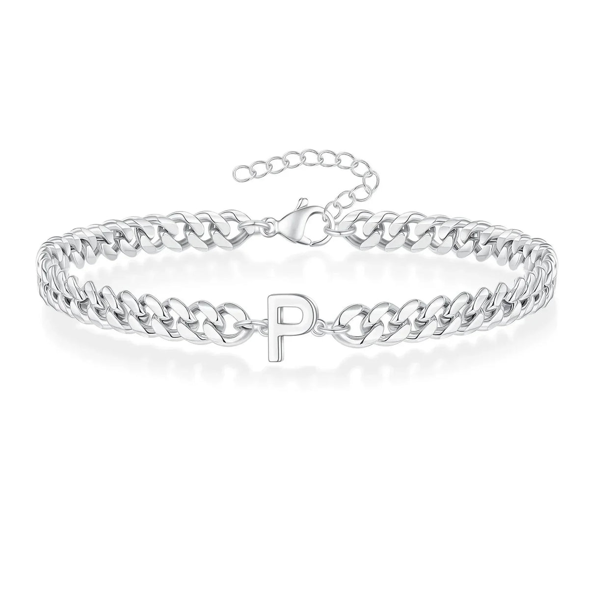 Unisex Stainless Steel Cuban Link Bracelet with Letter Initial, Adjustable 20–25cm