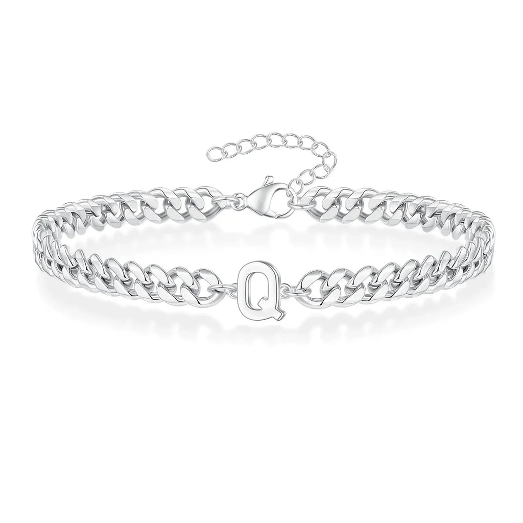 Unisex Stainless Steel Cuban Link Bracelet with Letter Initial, Adjustable 20–25cm
