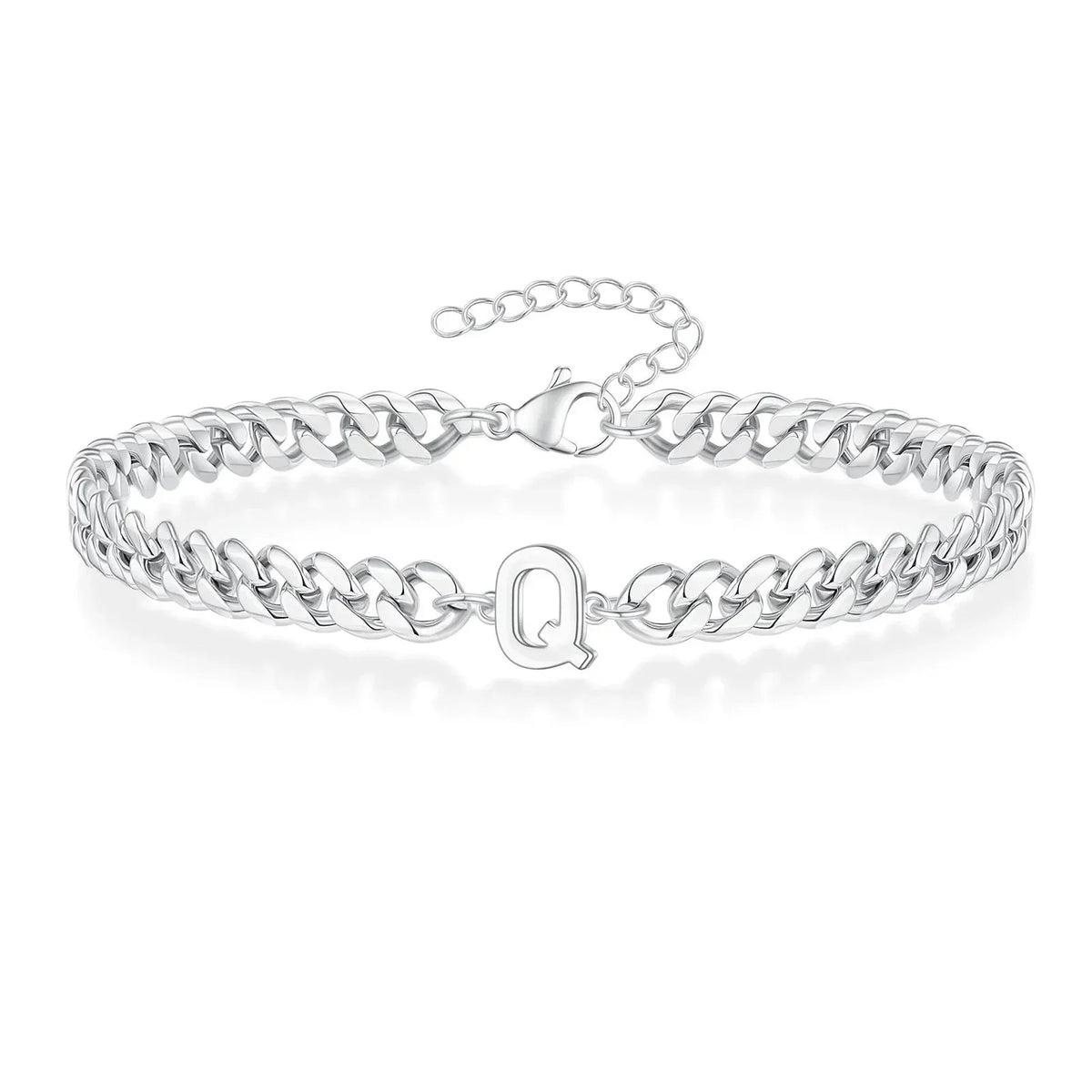 Unisex Stainless Steel Cuban Link Bracelet with Letter Initial, Adjustable 20–25cm