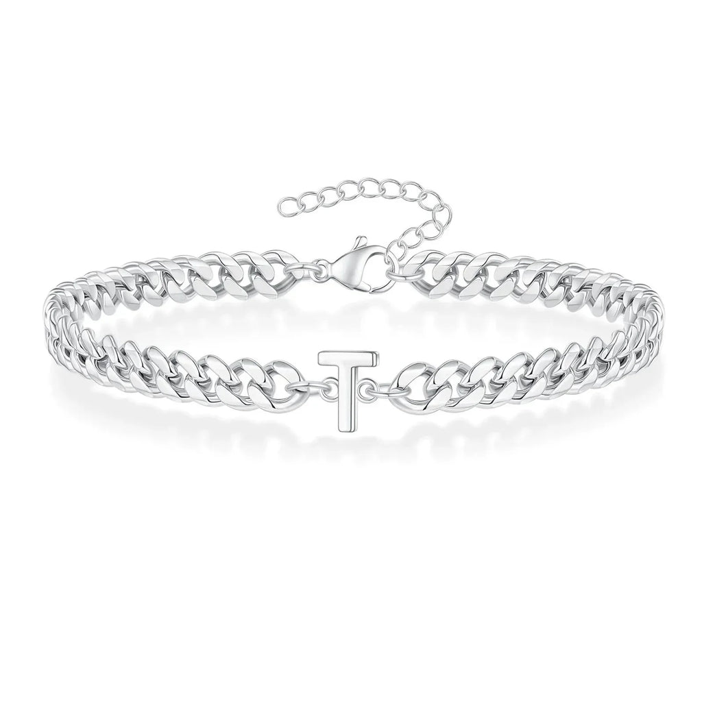 Unisex Stainless Steel Cuban Link Bracelet with Letter Initial, Adjustable 20–25cm