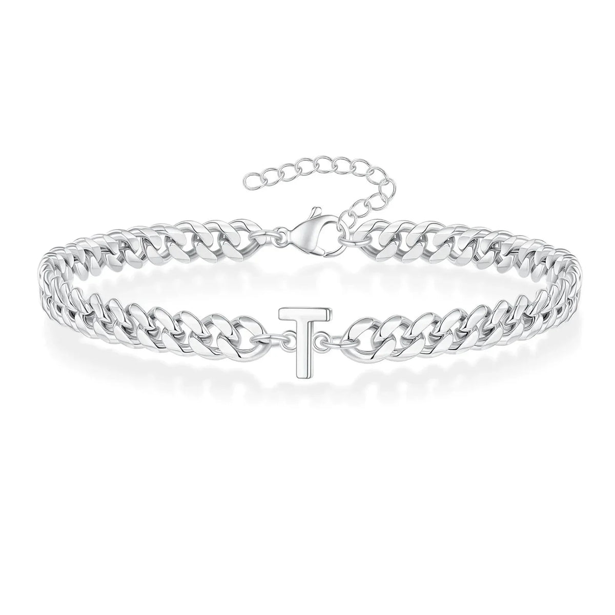 Unisex Stainless Steel Cuban Link Bracelet with Letter Initial, Adjustable 20–25cm