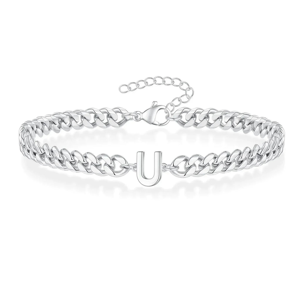 Unisex Stainless Steel Cuban Link Bracelet with Letter Initial, Adjustable 20–25cm