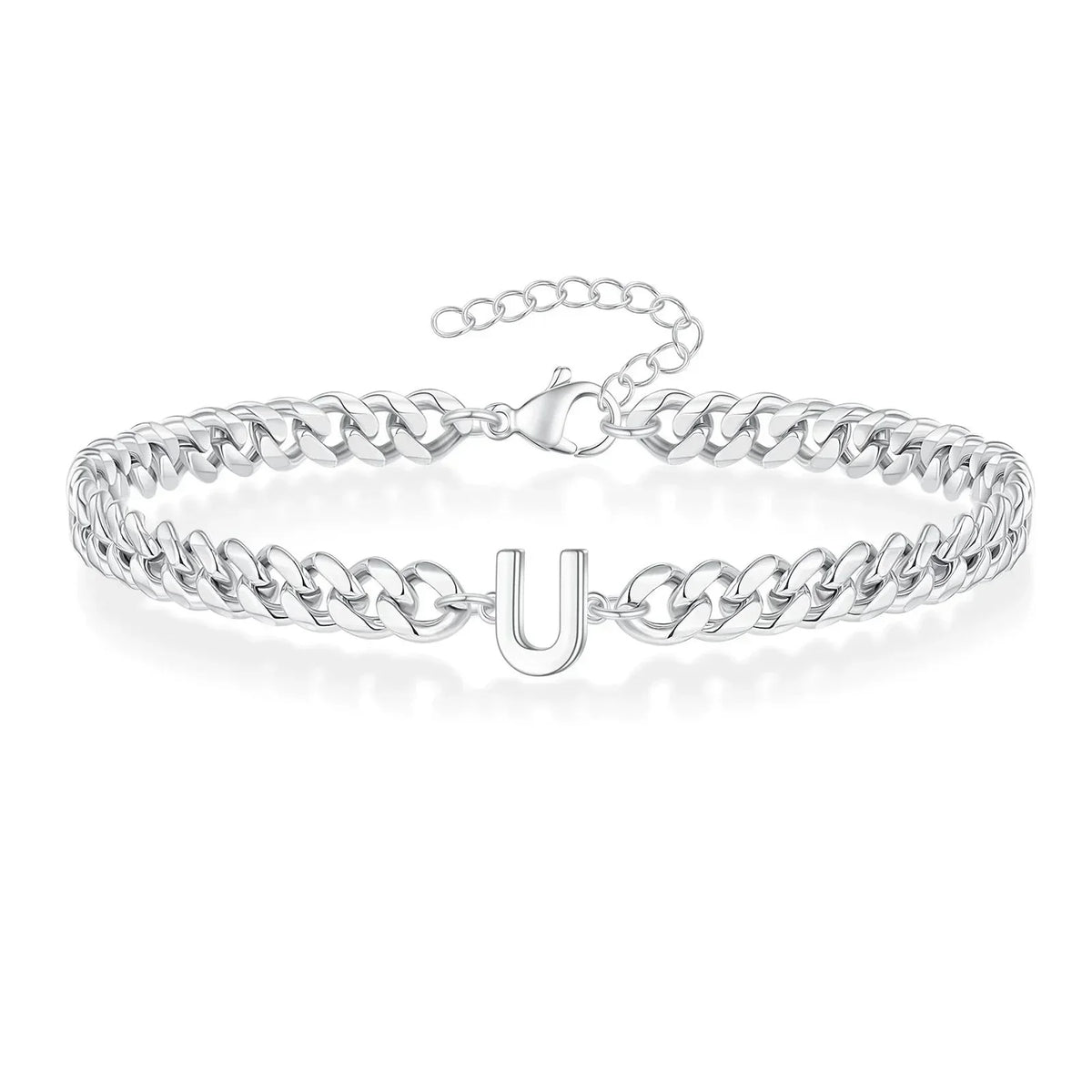Unisex Stainless Steel Cuban Link Bracelet with Letter Initial, Adjustable 20–25cm