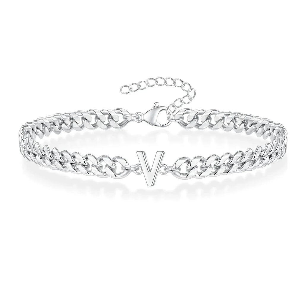 Unisex Stainless Steel Cuban Link Bracelet with Letter Initial, Adjustable 20–25cm