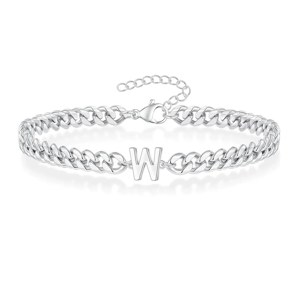 Unisex Stainless Steel Cuban Link Bracelet with Letter Initial, Adjustable 20–25cm