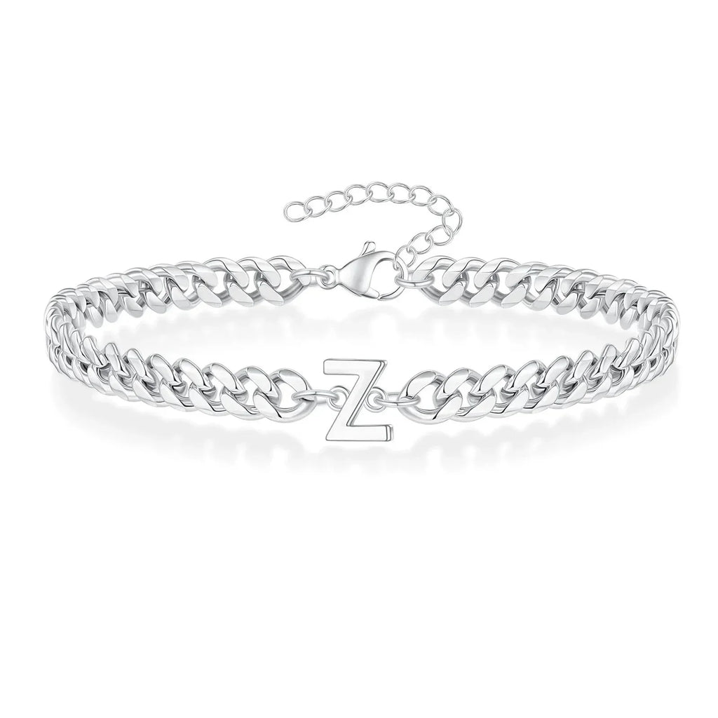 Unisex Stainless Steel Cuban Link Bracelet with Letter Initial, Adjustable 20–25cm
