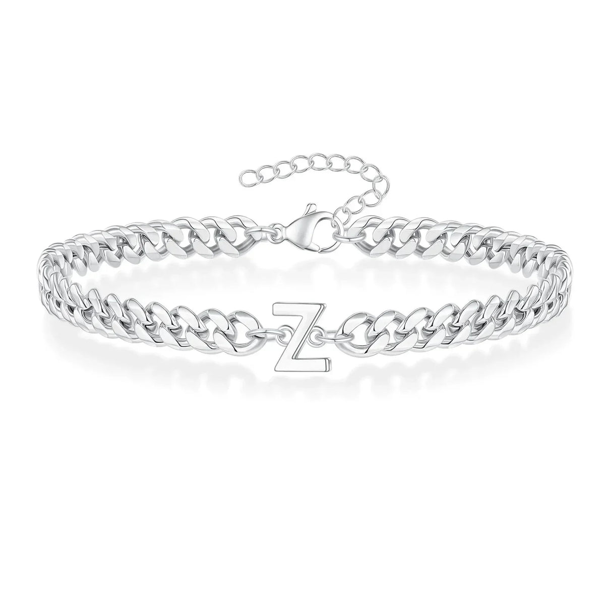 Unisex Stainless Steel Cuban Link Bracelet with Letter Initial, Adjustable 20–25cm