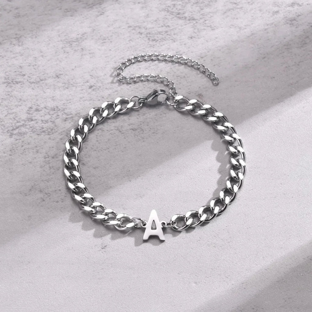 Unisex Stainless Steel Cuban Link Bracelet with Letter Initial, Adjustable 20–25cm