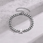 Unisex Stainless Steel Cuban Link Bracelet with Letter Initial, Adjustable 20–25cm