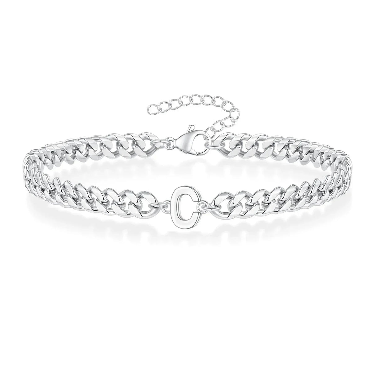 Unisex Stainless Steel Cuban Link Bracelet with Letter Initial, Adjustable 20–25cm