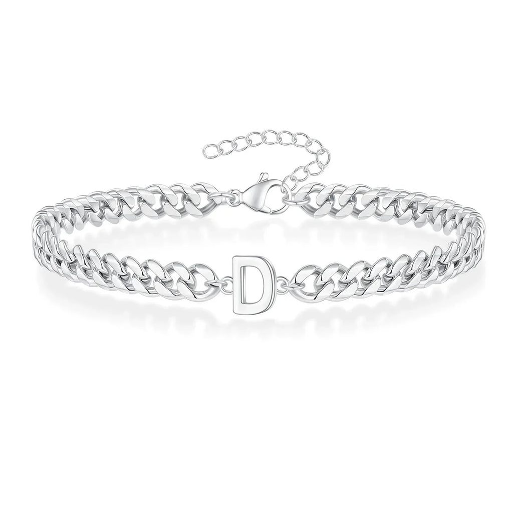 Unisex Stainless Steel Cuban Link Bracelet with Letter Initial, Adjustable 20–25cm