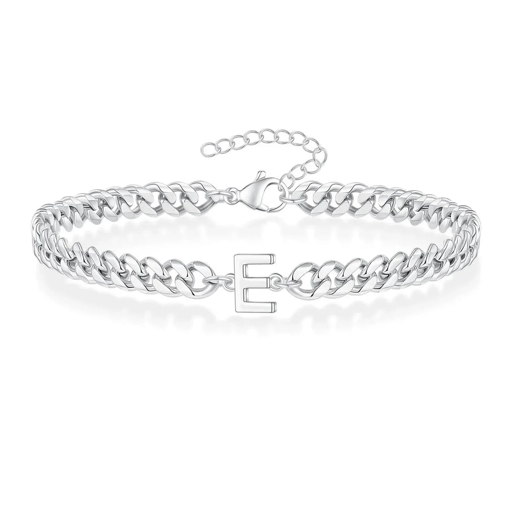 Unisex Stainless Steel Cuban Link Bracelet with Letter Initial, Adjustable 20–25cm