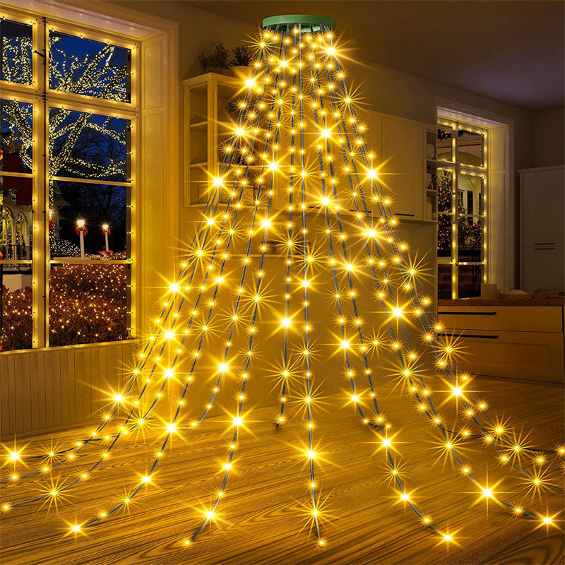 USB Christmas Tree Waterfall Lights with Ring, 1.5M–3M, Remote Control