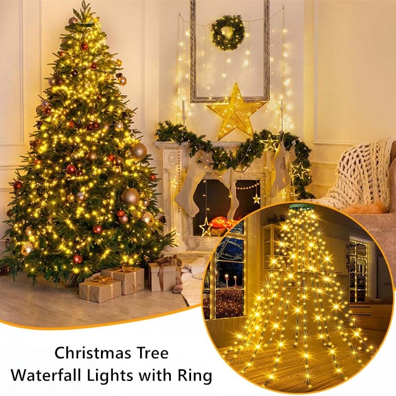 USB Christmas Tree Waterfall Lights with Ring, 1.5M–3M, Remote Control