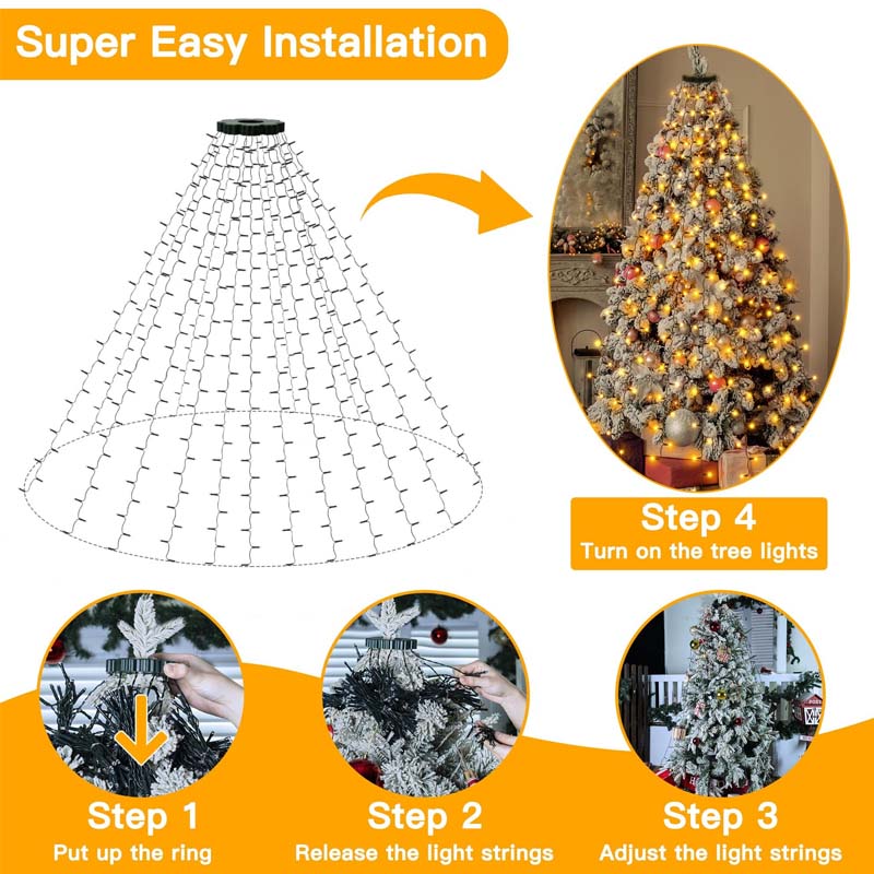 USB Christmas Tree Waterfall Lights with Ring, 1.5M–3M, Remote Control