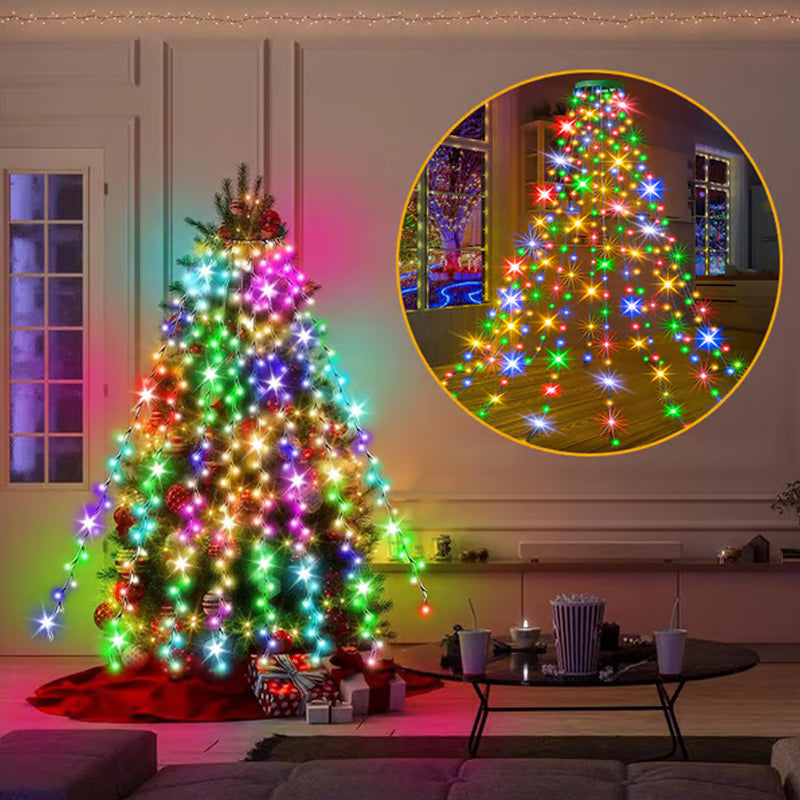 USB Christmas Tree Waterfall Lights with Ring, 1.5M–3M, Remote Control