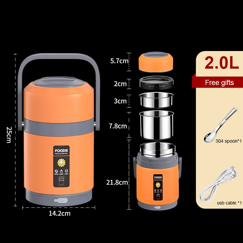 USB Heated Lunch Box, 1.6 L or 2 L, 304 Stainless Steel