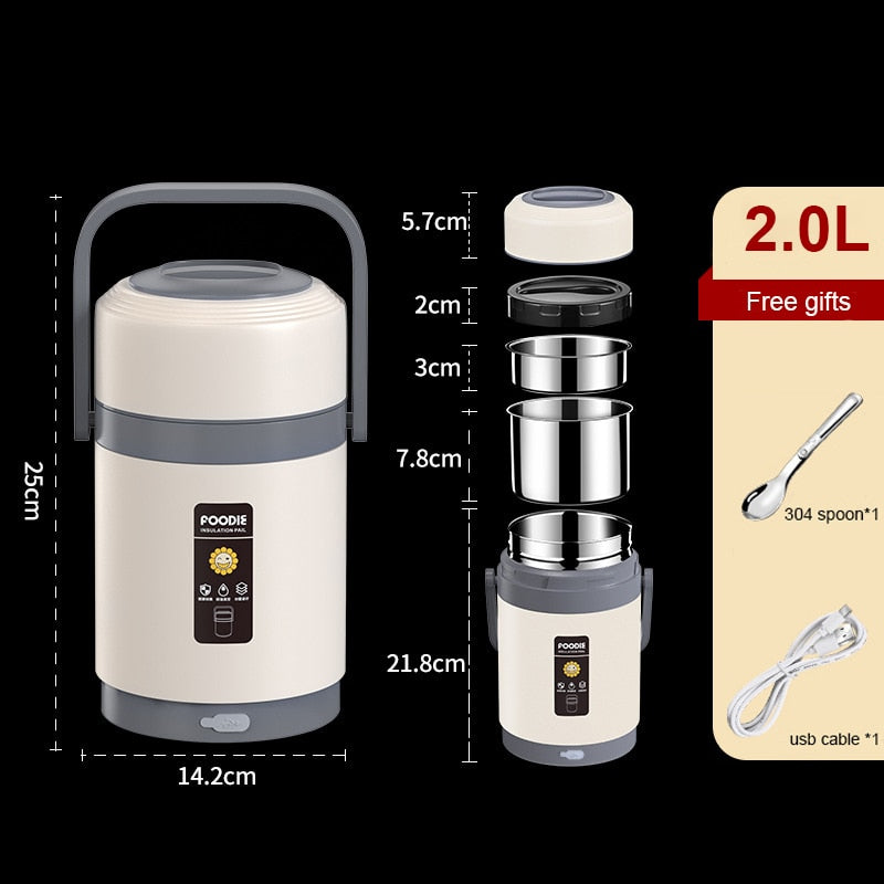USB Heated Lunch Box, 1.6 L or 2 L, 304 Stainless Steel