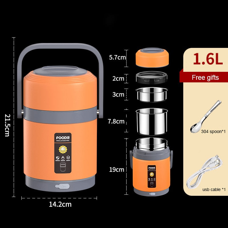 USB Heated Lunch Box, 1.6 L or 2 L, 304 Stainless Steel