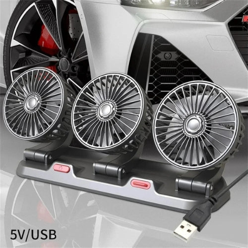 360° Adjustable 3-Head Car Fan USB/12V/24V - Black, Dashboard or Desk Use