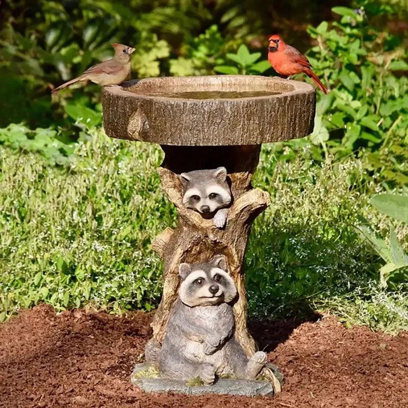 Vintage Garden Bird Bath, Polyresin Raccoon Design
