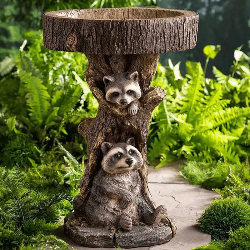 Vintage Garden Bird Bath, Polyresin Raccoon Design