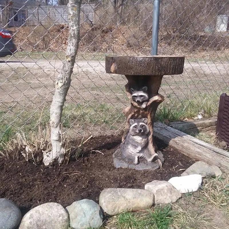Vintage Garden Bird Bath, Polyresin Raccoon Design