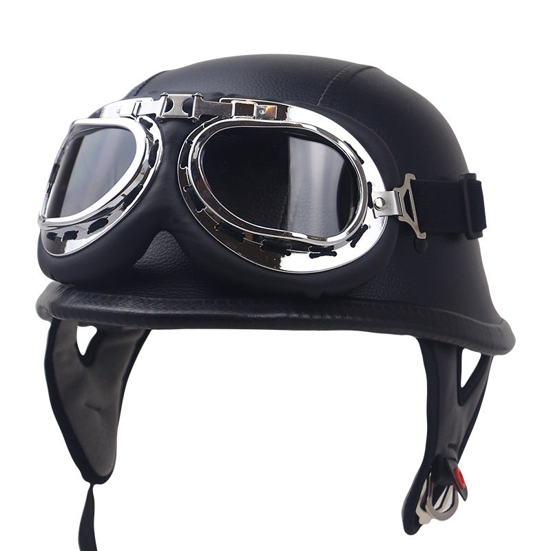 Vintage Leather Motorcycle Helmet with Goggles