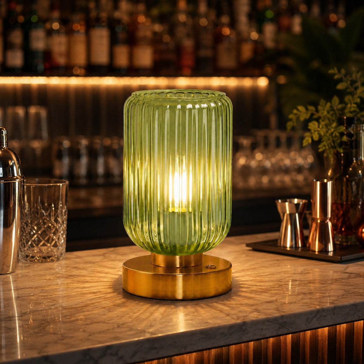 Vintage Ribbed Glass Table Lamp with Gold-Finish Base