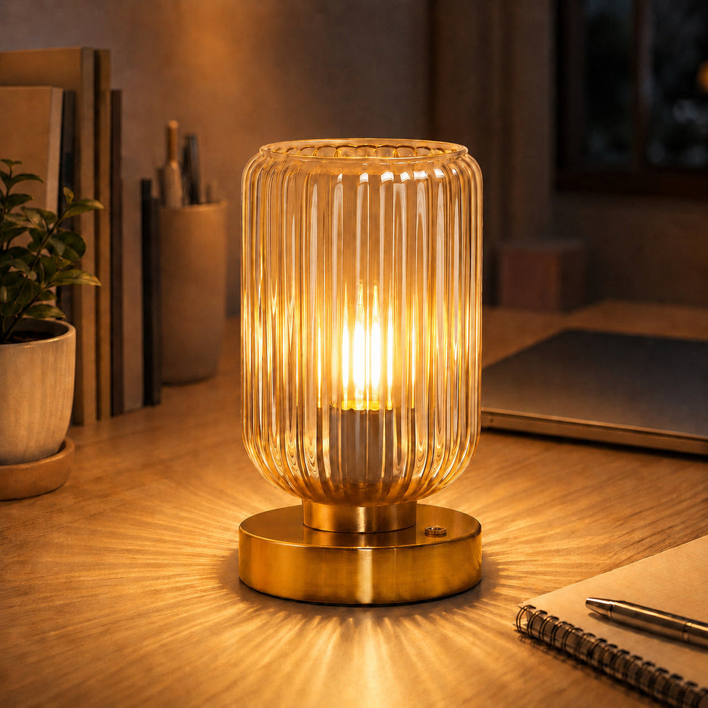 Vintage Ribbed Glass Table Lamp with Gold-Finish Base