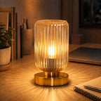 Vintage Ribbed Glass Table Lamp with Gold-Finish Base