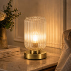 Vintage Ribbed Glass Table Lamp with Gold-Finish Base