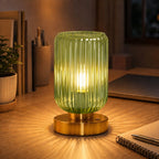 Vintage Ribbed Glass Table Lamp with Gold-Finish Base