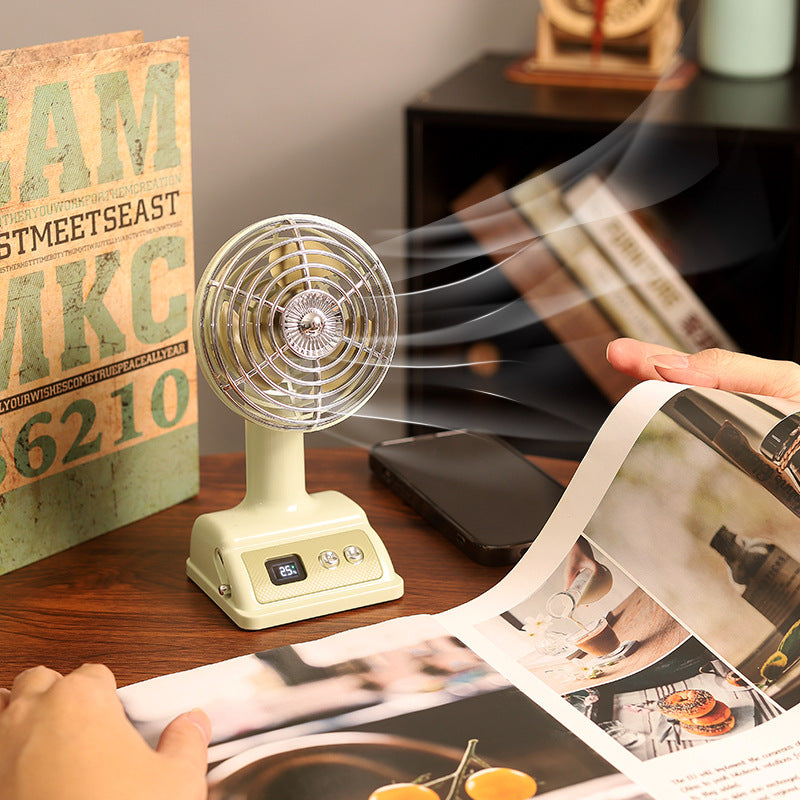 Vintage-Style Tabletop Desk Fan with Metal Grille and LED Display