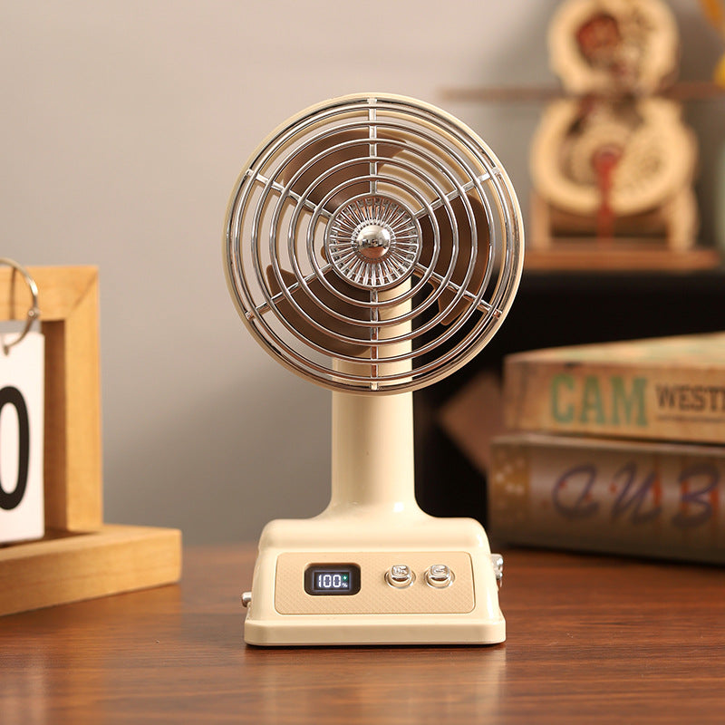 Vintage-Style Tabletop Desk Fan with Metal Grille and LED Display