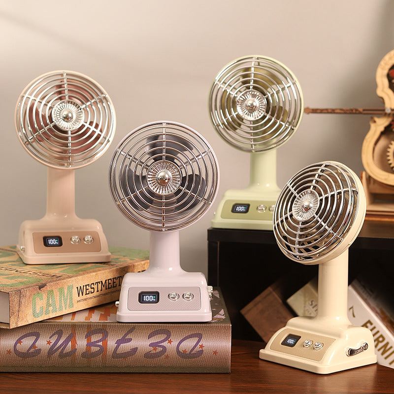 Vintage-Style Tabletop Desk Fan with Metal Grille and LED Display