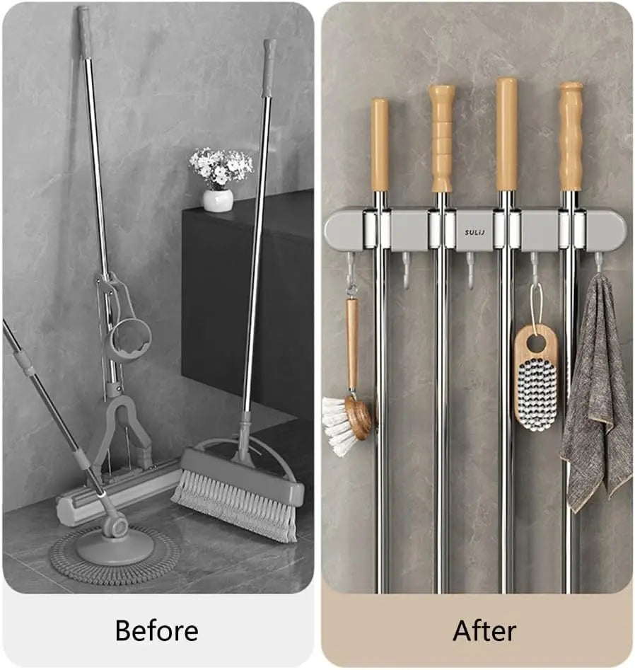 Wall-Mounted Broom, Mop & Tool Holder with 4 Clamps and 5 Hooks