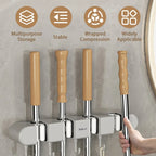 Wall-Mounted Broom, Mop & Tool Holder with 4 Clamps and 5 Hooks