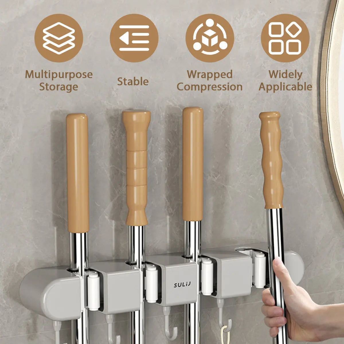 Wall-Mounted Broom, Mop & Tool Holder with 4 Clamps and 5 Hooks