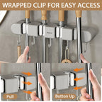 Wall-Mounted Broom, Mop & Tool Holder with 4 Clamps and 5 Hooks