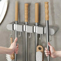 Wall-Mounted Broom, Mop & Tool Holder with 4 Clamps and 5 Hooks
