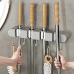 Wall-Mounted Broom, Mop & Tool Holder with 4 Clamps and 5 Hooks